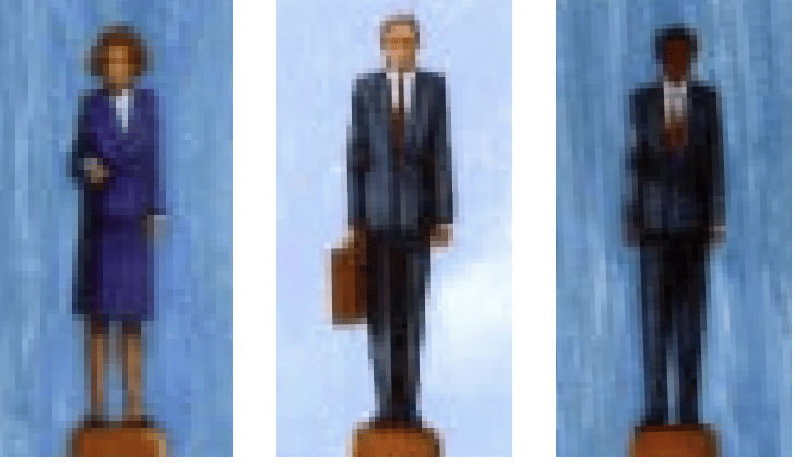 Pixelated and animated picture of three people side by side. From left to right we have a woman, and two men. All are in business atire