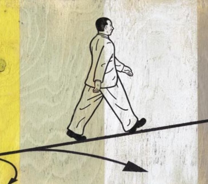 Conceptual illustration of a man walking on a path that is being created by a pen.