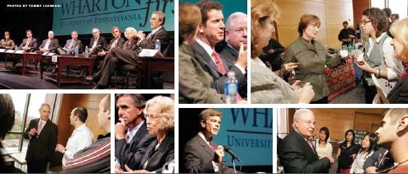Photo collage of speakers at a leadership roundtable for Wharton's 125th anniversary.