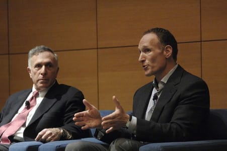 Ron and Mark Shapiro, left to right, during their Wharton Leadership Lecture. Photo credit: Alyssa Cwanger. 