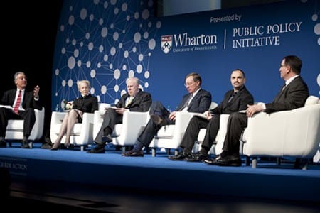 Prof. Kevin Werbach; Lady Barbara Judge, CW’66; Ted Dintersmith; George Damis Yancopoulos; and Jay J. Schnitzer (left to right)
