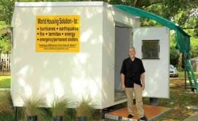 The author with one of World Housing Solution's shelters