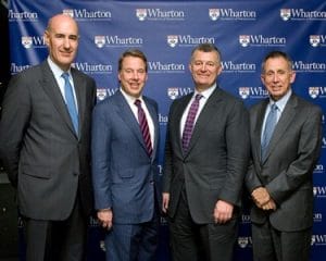 (left to right) Prof. Mauro Guillen; William Clay Ford Jr.; William P. Lauder, W'83; and Prof. Mike Useem