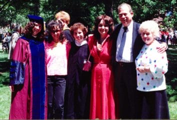 Graduation day 1990 for Katie Berryhill, C’90. Her sister, Sherry, is on the left. She walked for her Ph.D. that day. Sister Laurie (who also attended Penn in the '80s as an undergrad), mom, Joanne, father Arthur Blum, C’56; and his mom round out the group shot.