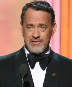 Tom Hanks at the 2012 Oscars ceremony wearing a Got Your 6 pin.