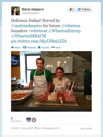 Second-year Wharton MBAs Justin Matthew Sapolsky, W'08, and Nicole Marie Capp earn Twitter praise after they catered an event this past fall for Wharton entrepreneurs.