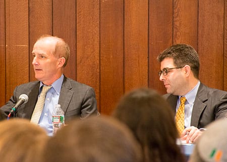 David Crane, CEO of NRG Energy (left), and Benjamin Nussdorf, a senior regulatory adviser for the U.S. Department of Energy, at the March Penn Wharton Public Policy Initiative event