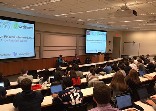 Over 100 students gathered to hear a fireside chat with Wealthfront founder Andy Rachleff W80, organized by Wharton FinTech.