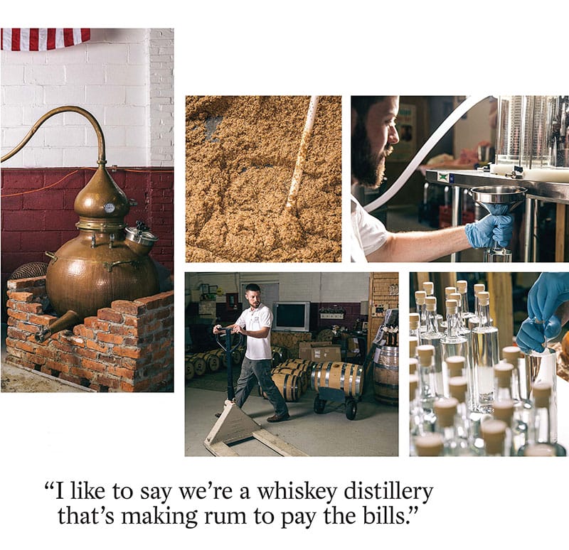 Scenes from Cooper River: (clockwise from far left) the versatile still; spent grains after a mash; James Yoakum bottling a fresh batch of rum; capping and labeling a batch; Yoakum is owner and quite literally operator.