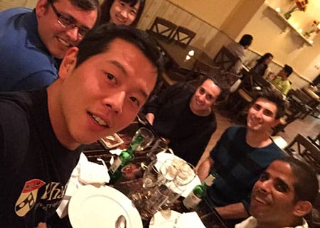 James Kwon takes a selfie during his first Wharton MBA learning team dinner.