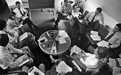 William Pierskalla (top, center) in a 1979 meeting with staff members of the new National Health Care Management Center (NHCMC) in LDI's office building.