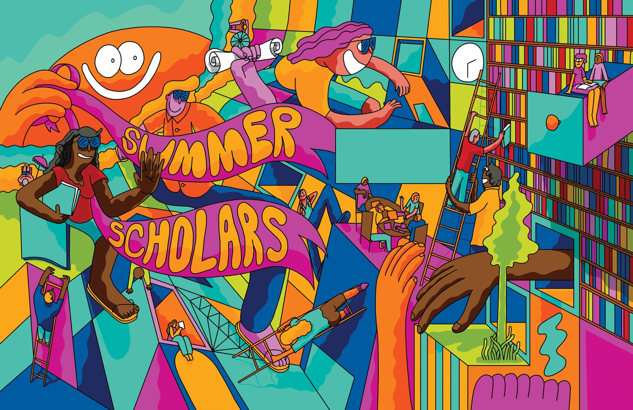 summer scholars colorful illustration of people exploring a library