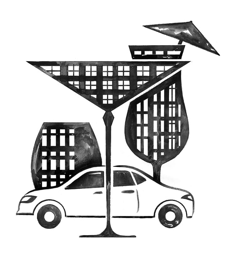 Car and buildings shaped like drink glasses