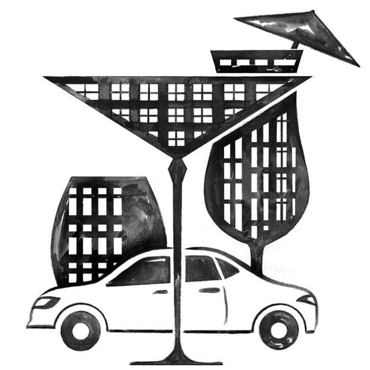 Car and buildings shaped like drink glasses