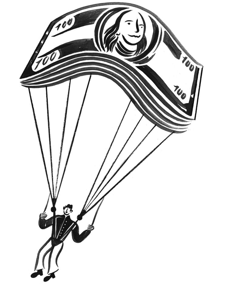 Man attached to a money parachute