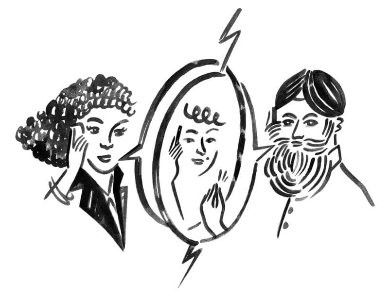 Two people speaking with a translator