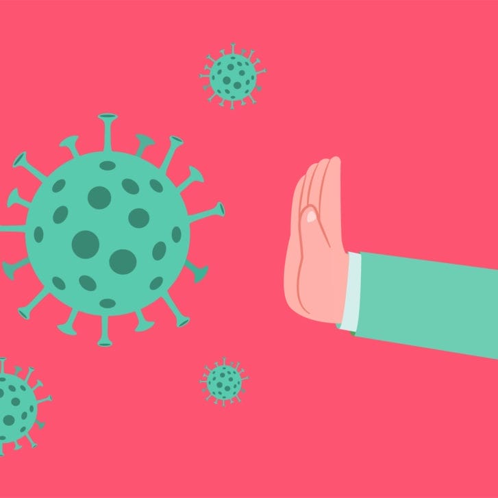 Hand out in front of coronavirus spores