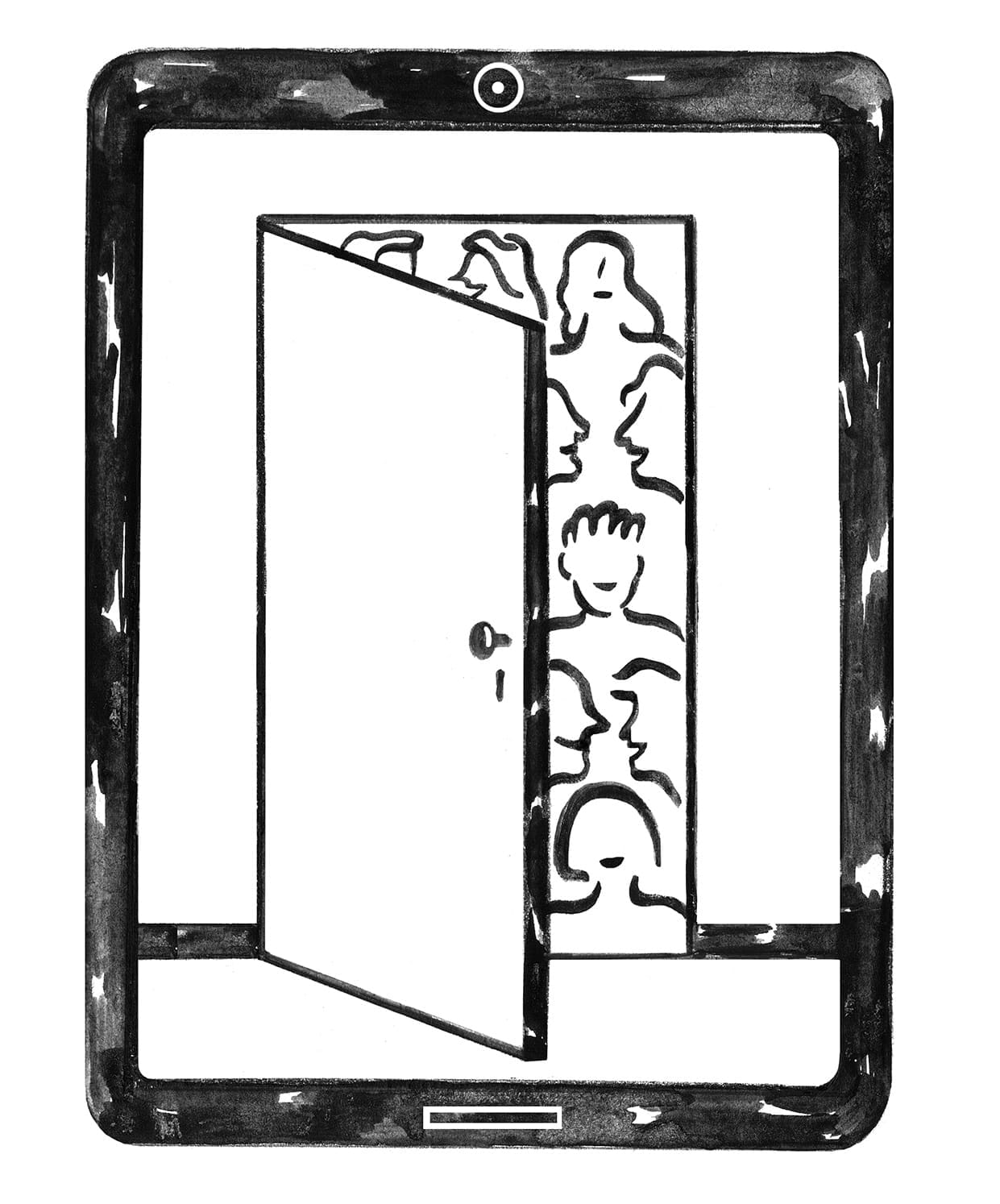 iPad with image of people looking through a slightly open door