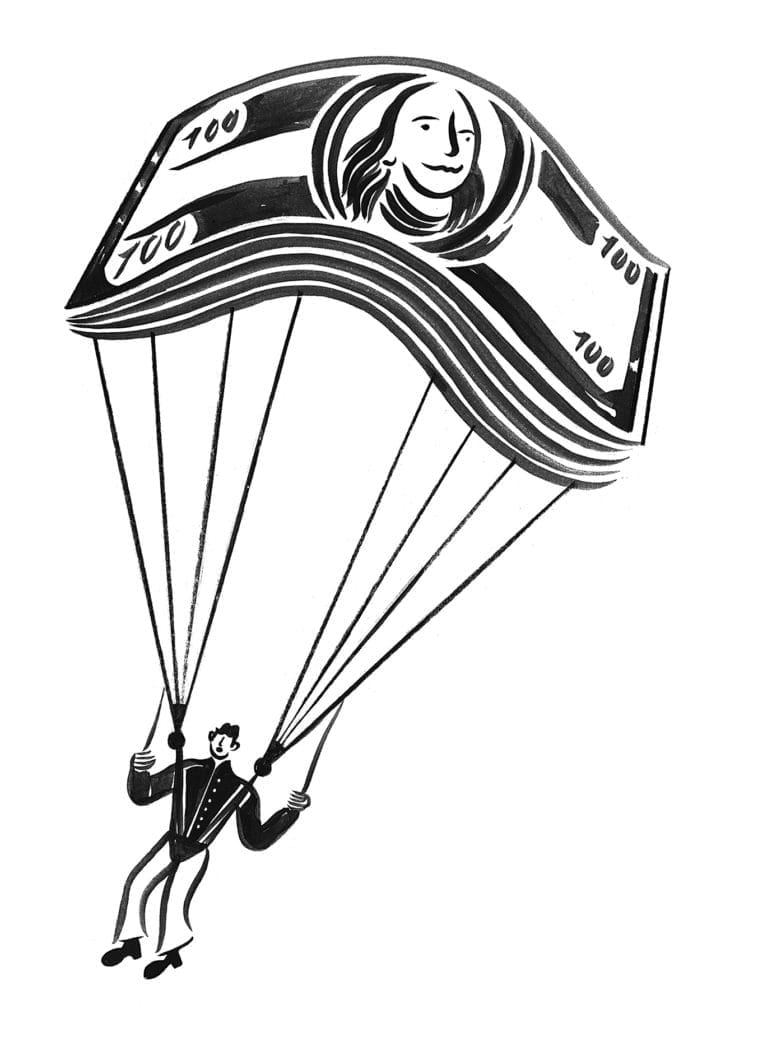 Man attached to a money parachute