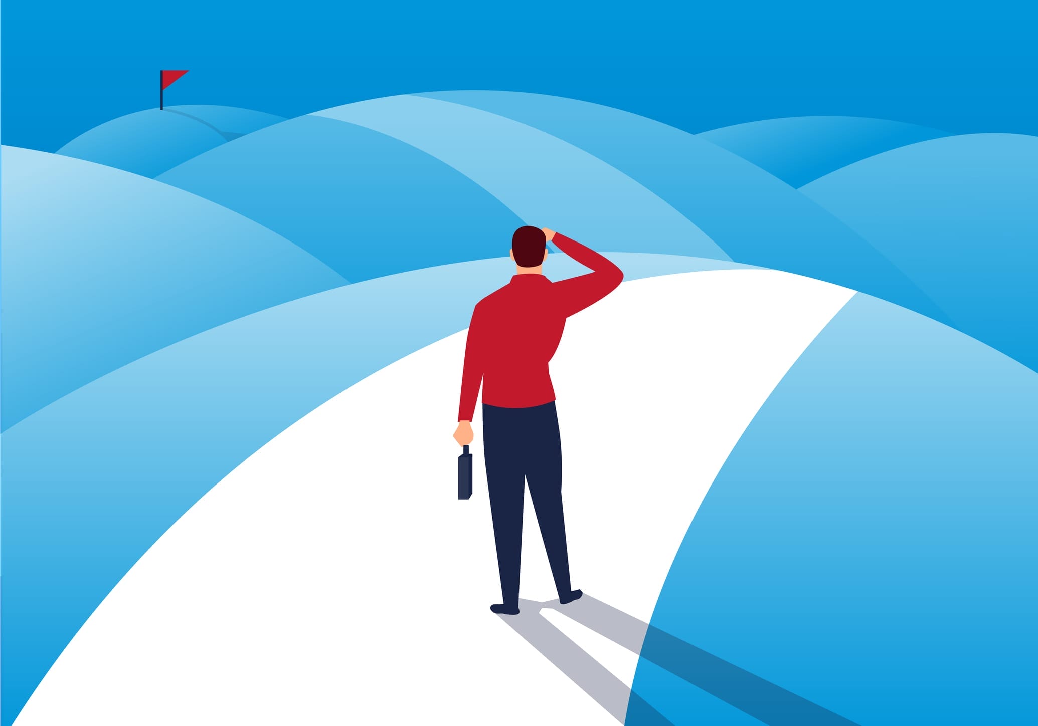 Man with briefcase looking toward flag on hill