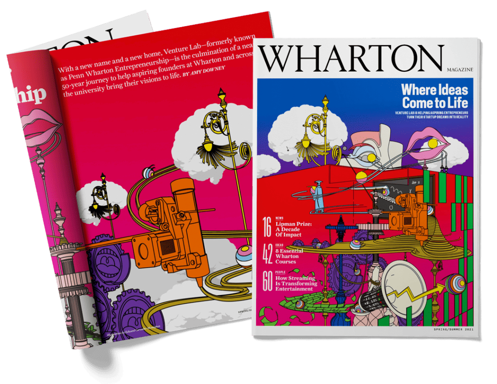 Cover and an inside page of the Spring/Summer 2021 issue of Wharton Magazine.