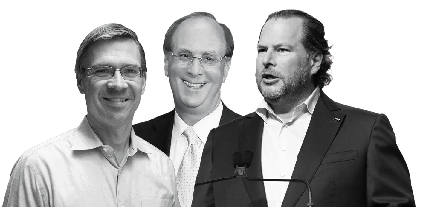 Collage of Witold Henisz, Larry Fink, and Marc Benioff.