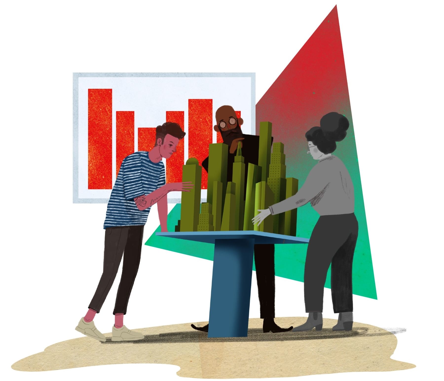 Illustration of students examining a model of a city.