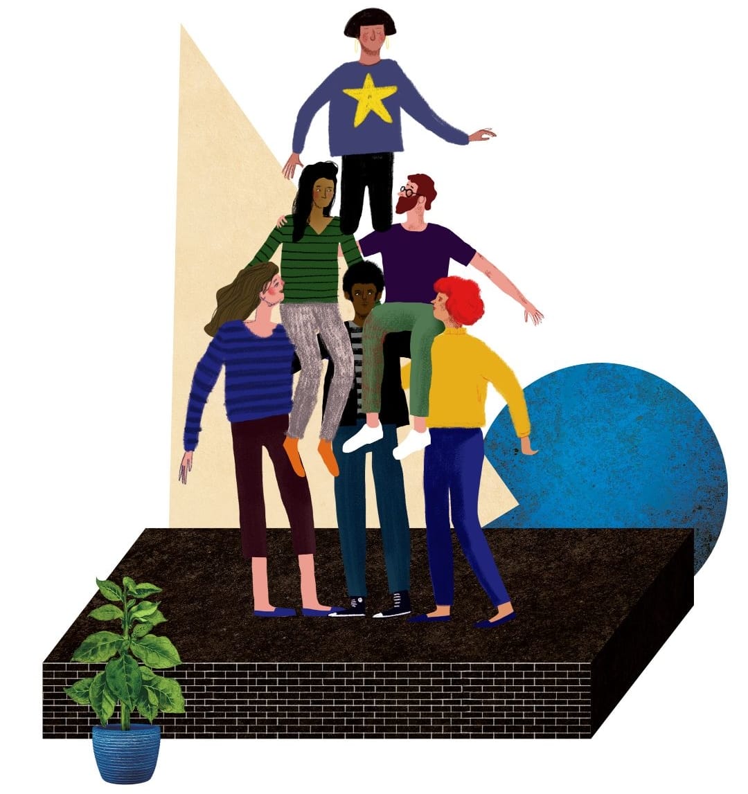 Illustration of students building a human pyramid.