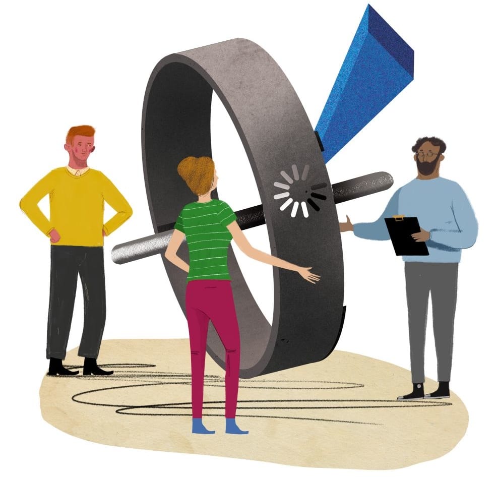 Illustration of students and a professor gathered around a large wearable device.