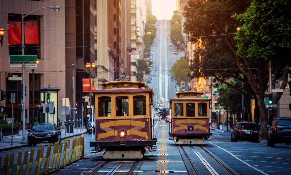 Cable cars on the street in San Francisco