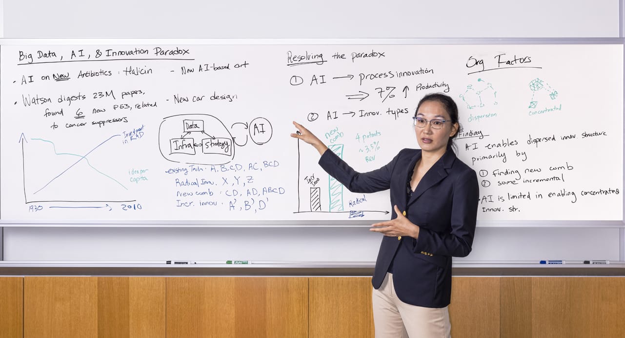 Wharton professor Lynn Wu standing in front of a whiteboard.