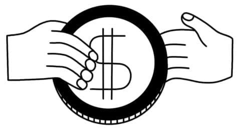 Illustration of a coin being handed from one person to another.