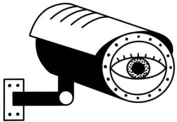 Illustration of a security camera with an eye in the lens