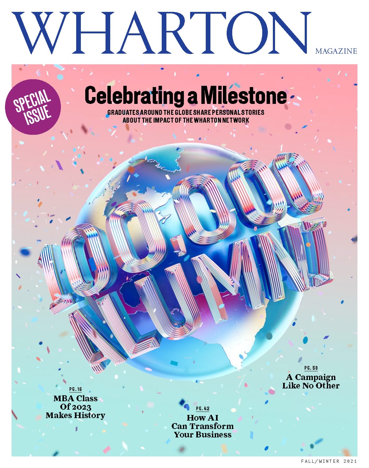 Cover photo for the new issue of Wharton Magazine, featuring a globe with the words 