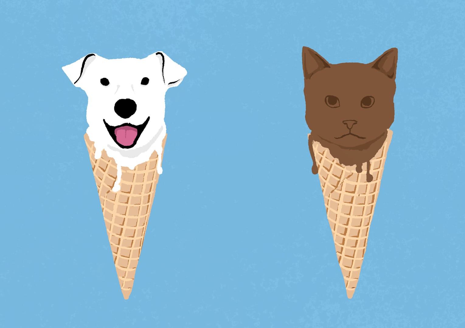 Conceptual image of ice cream cones with cat and dog heads instead of the ice cream on top.