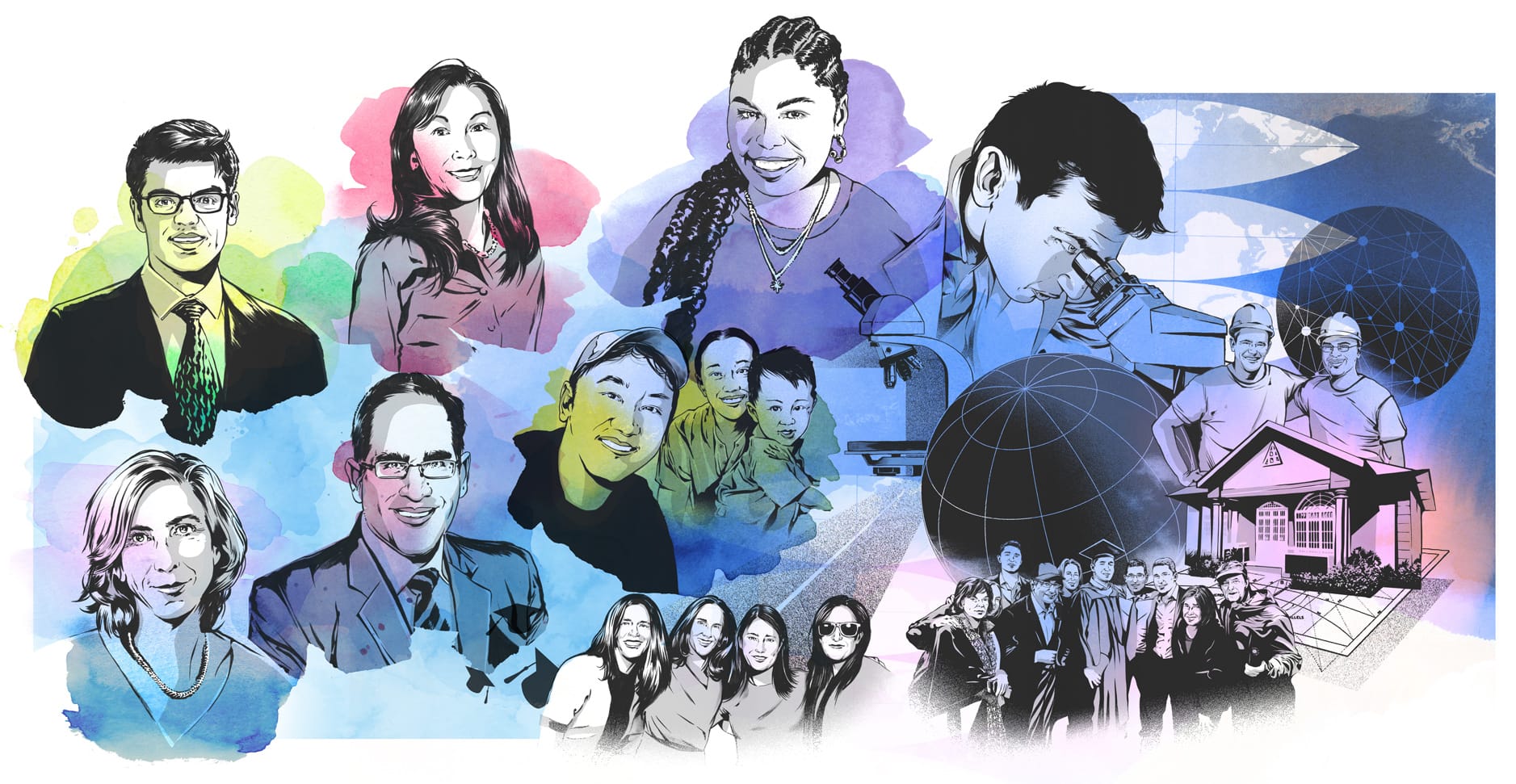 Illustrated collage of various Wharton alumni who appear throughout this piece.
