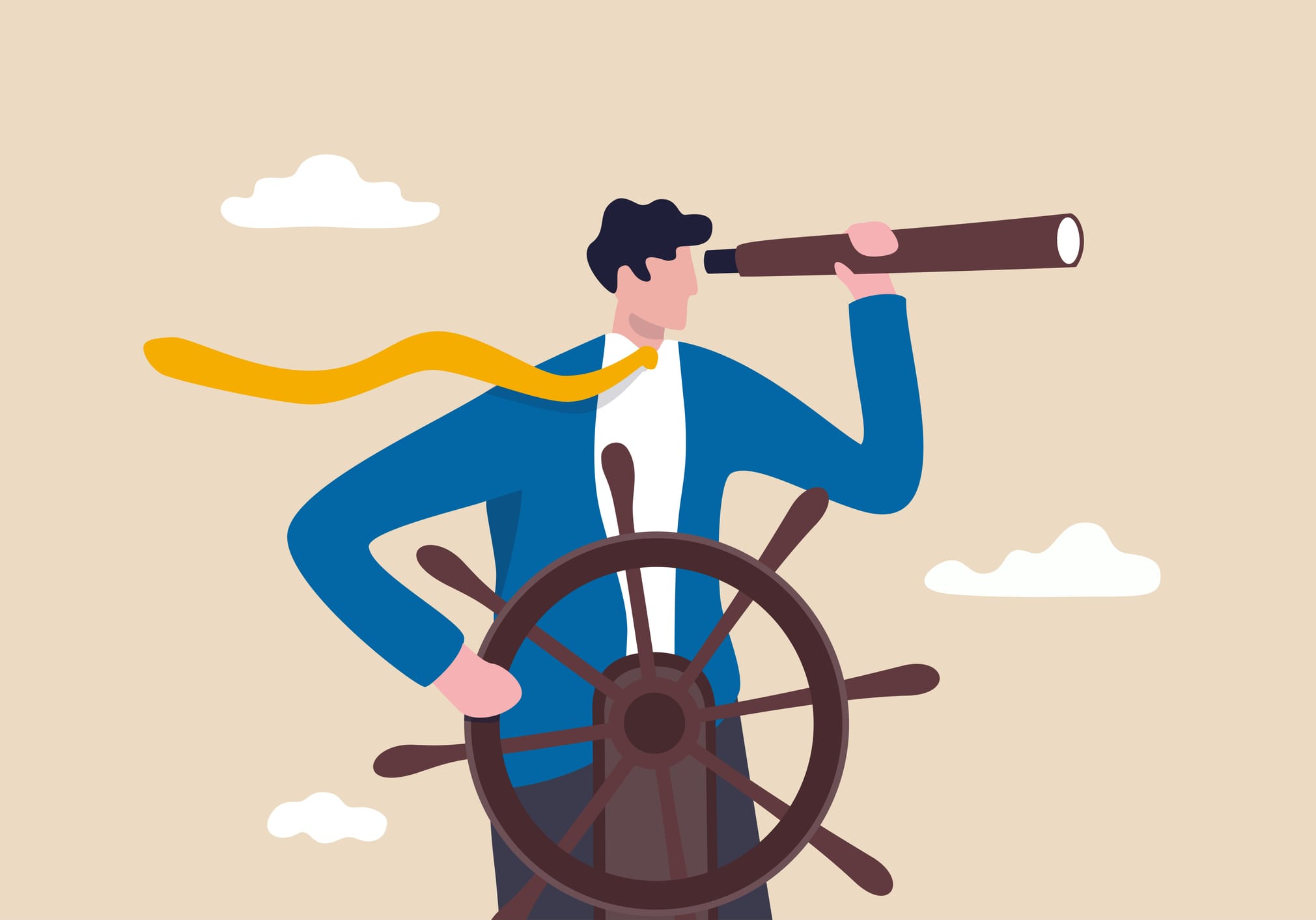 Illustration of a businessman in suit at steering wheel of ship looking through telescope.