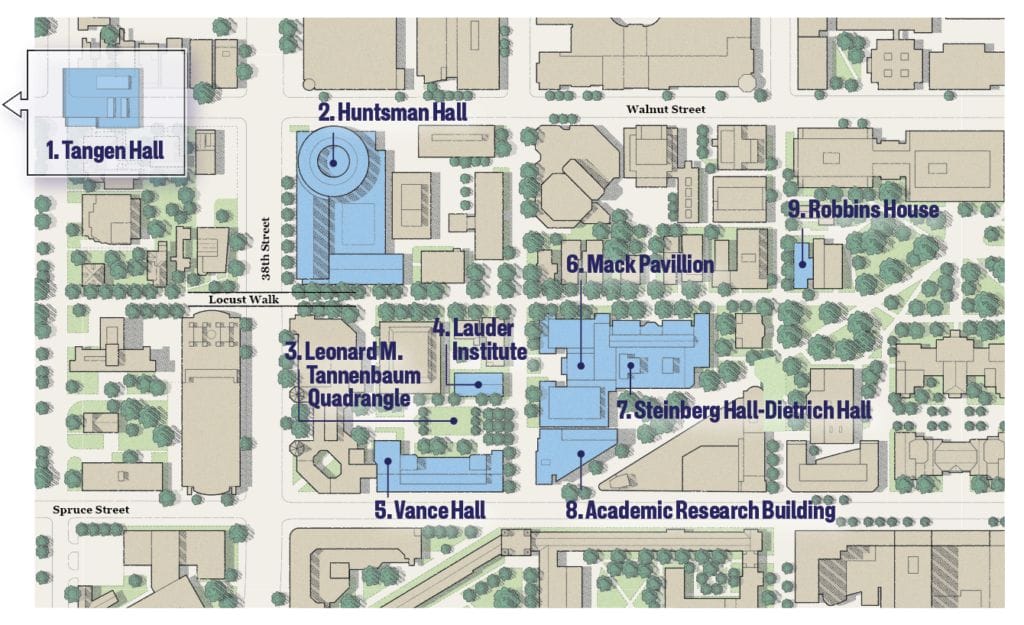 Illustrated map of Wharton's campus.