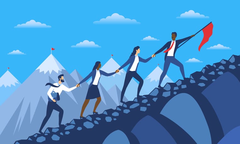 Abstract illustrated concept of four people climbing a mountain to achieve business success.