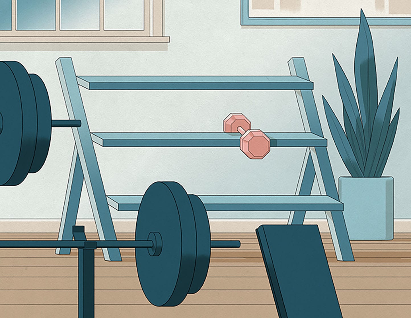 Illustration of a nearly empty rack of dumbbells.