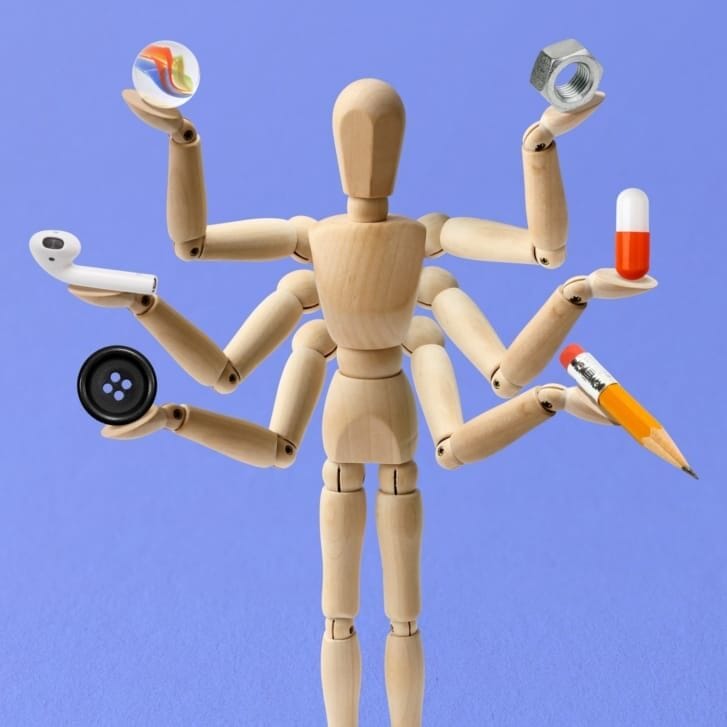 Illustration of a mannequin with six arms holding various objects.