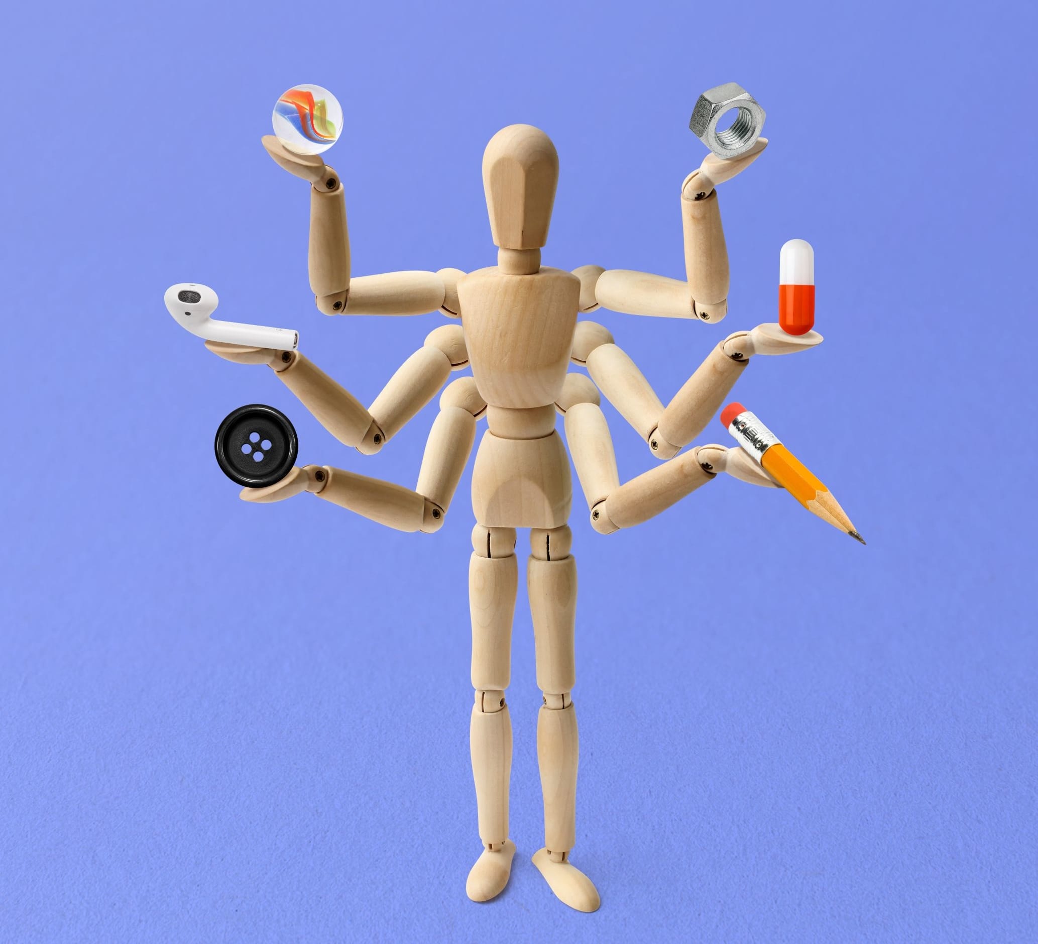 Illustration of a mannequin with six arms holding various objects.