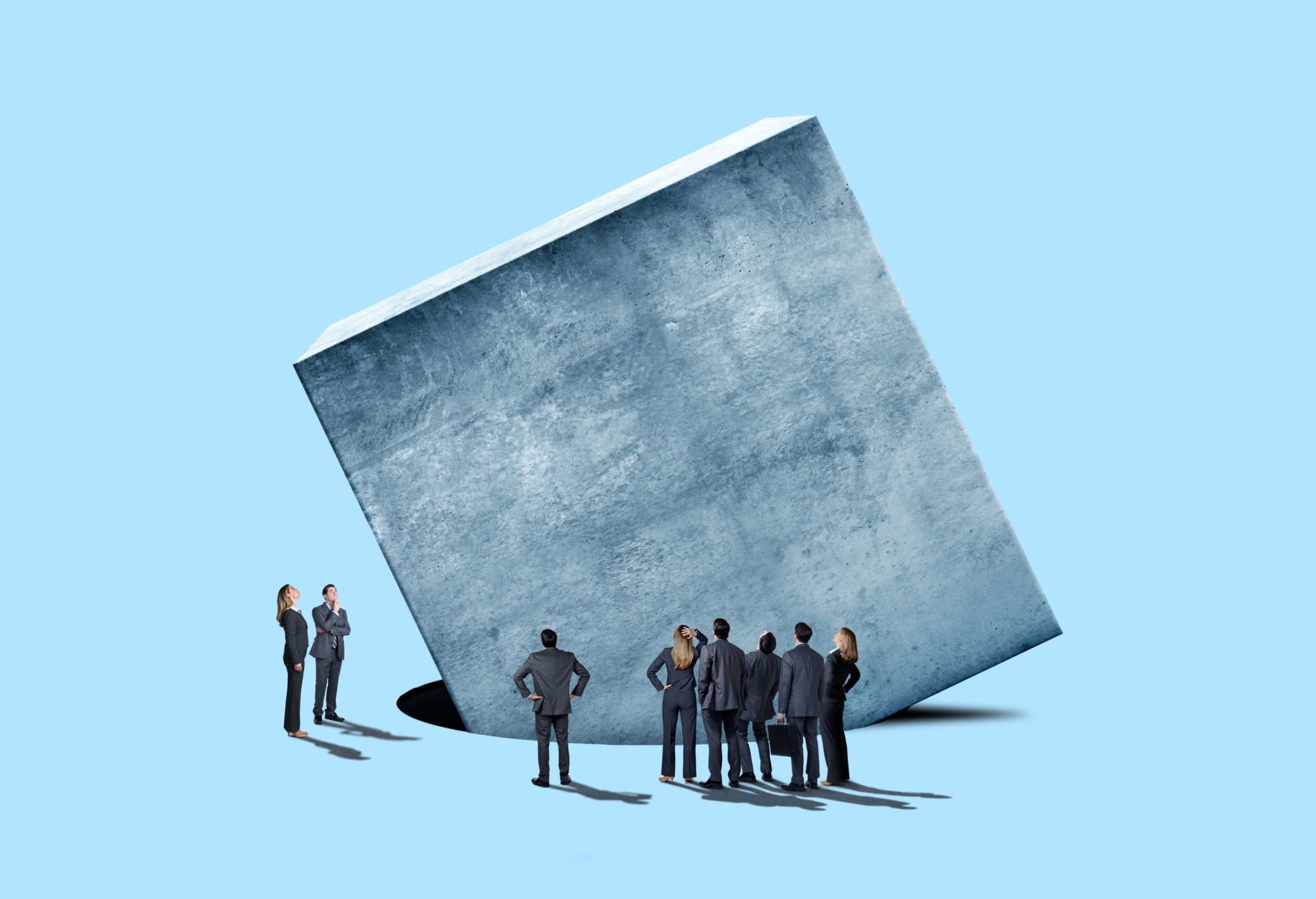 Illustration of businesspeople staring in confusion at a cube trying to fit in a round hole.