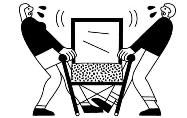 Illustration of two people fighting over a True Places chair.