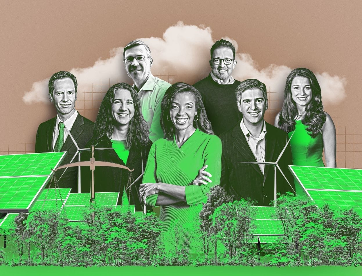 Collage of Wharton professors and an alumnus standing among items such as trees, solar panels, and energy windmills.
