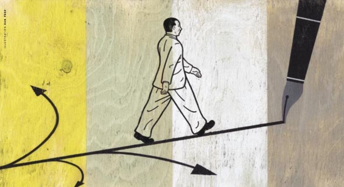 Conceptual illustration of a man walking on a path that is being created by a pen.