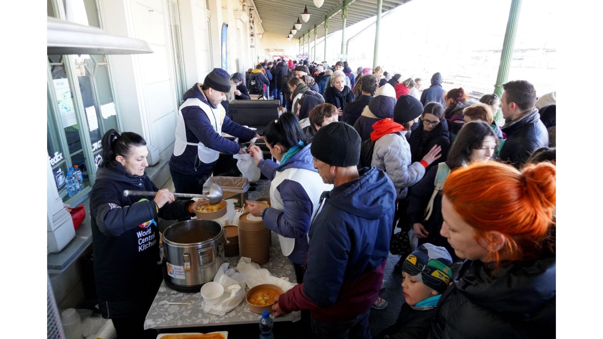 Food being provided at a train station in Poland.