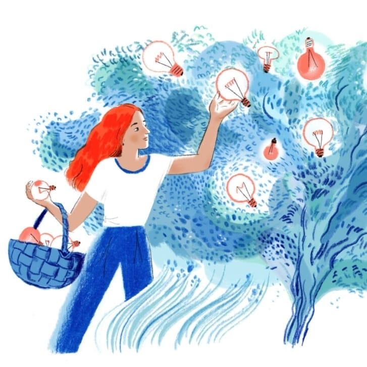 Conceptual illustration of Wharton student Alexa Grabelle picking lightbulbs from a tree.