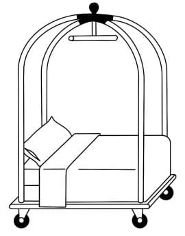Illustration of a bed and linens on a hotel luggage cart.