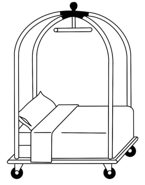 Illustration of a hotel bed on a luggage cart.